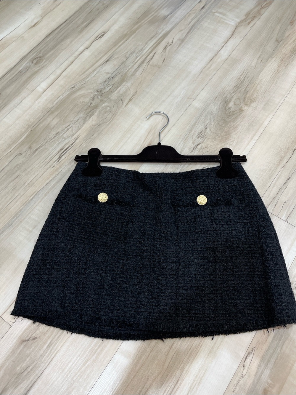 LoveShackFancy Black Mini Skirt with Gold Buttons